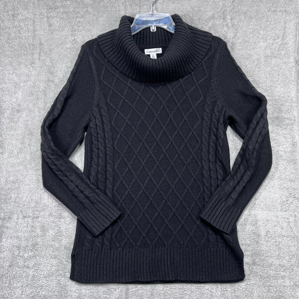 Calvin Klein Sweater Womens Sz M Black Cowl Neck Cable Knit Long Sleeve Pullover
